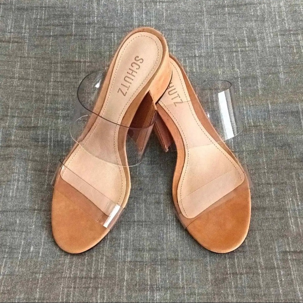 SCHUTZ Victorie Clear Straps Beige Nubuck Leather Slide Woman's Sandals Size 7.5